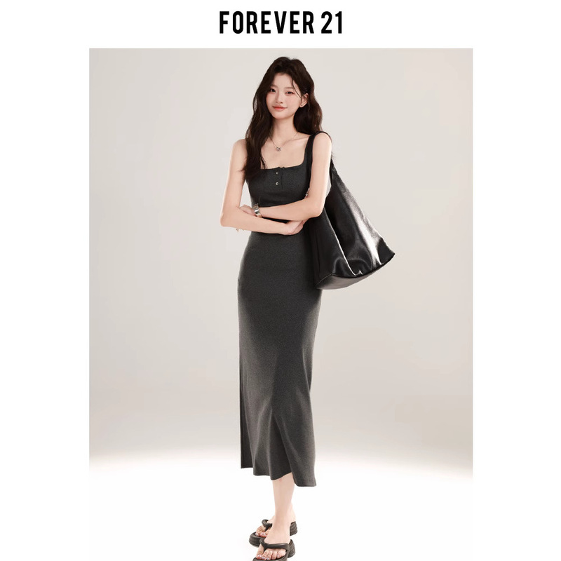 Forever 21 Pure Desire Gray Hip-Covering Suspender Skirt Women's American Casual Vest Bottoming Waist Dress Long Skirt