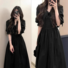 2025新款赫本风黑色娃娃领七分袖连衣裙女夏季法式赫本风长裙子