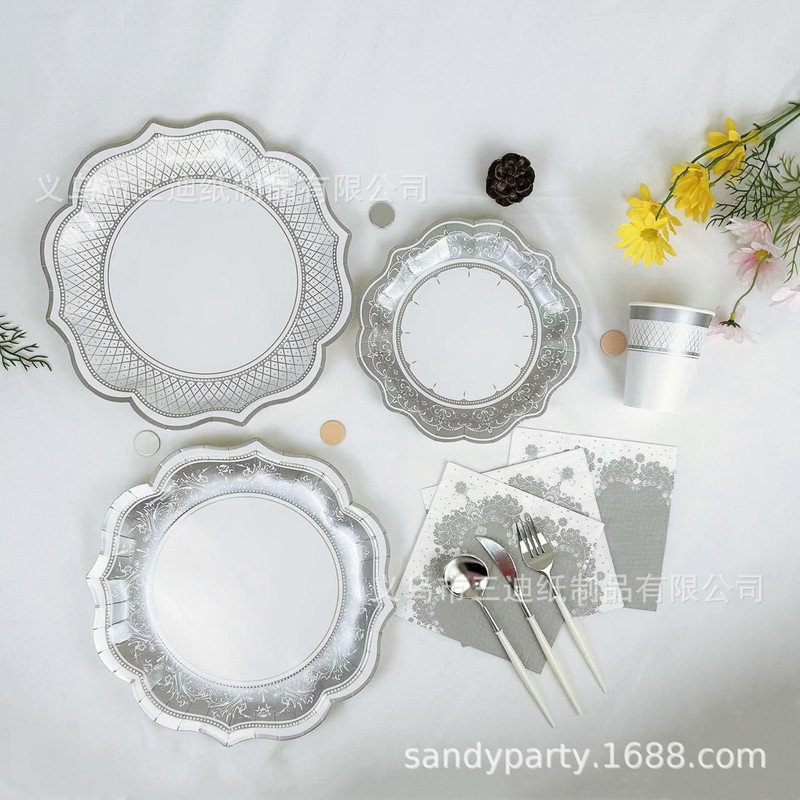 Chinese Style Blue and White Porcelain Paper Plate Disposable Paper Plate silver Paper Dish Vintage Party Wedding Birthday Cake Plate