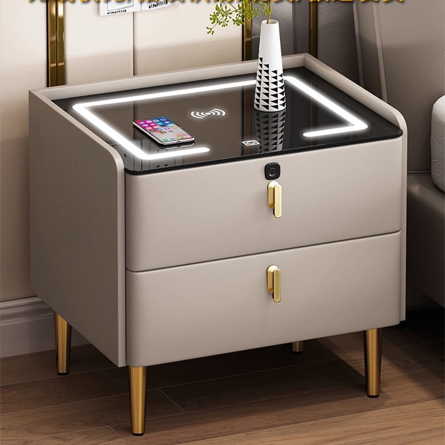Smart Bedside Table, Simple, Modern, Light Luxury, High-End, Multi-Functional Wireless Charging Storage, Solid Wood Bedroom Bedside Cabinet