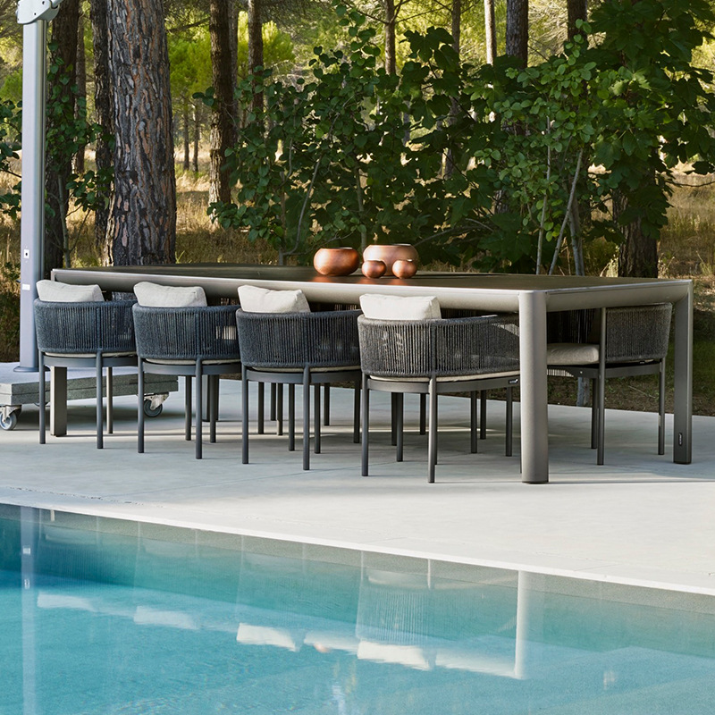 Mesas y sillas para exteriores, balcón con patio, protección solar y muebles de ratán impermeables para ocio, conjunto de mesa larga para terraza de jardín al aire libre image 3