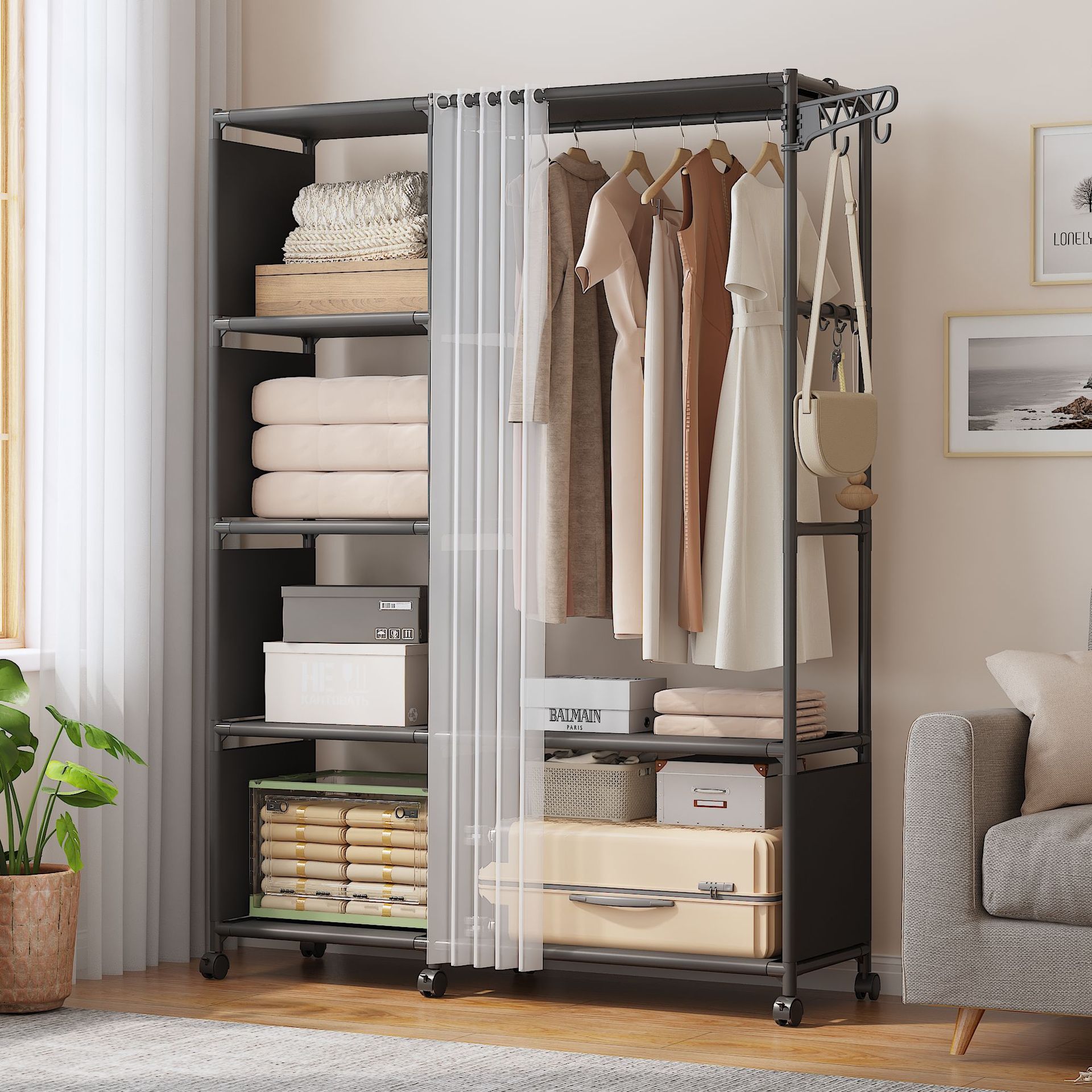 Simple Wardrobe for Home Use in the Bedroom, Dust-Proof Storage Cabinet, Reinforced Wardrobe with Curtain, Movable Clothes Rack, Coat Rack