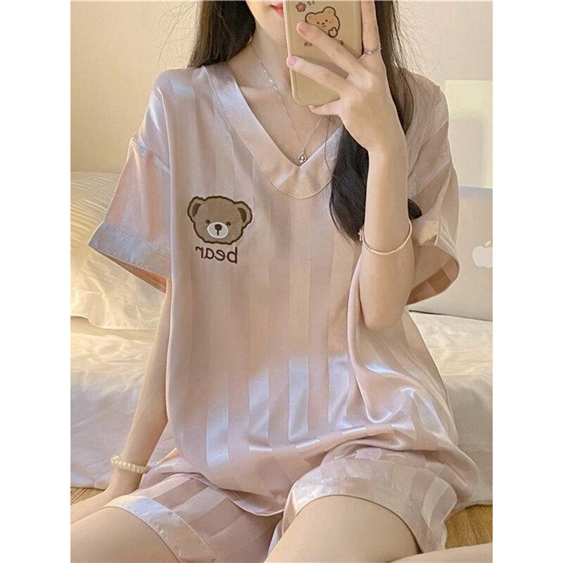 New Ice Silk Pajamas for Women Summer Short-Sleeved Ins Sweet Silk Cute Bear Can Be Worn Outside V Neck Home Clothes Set