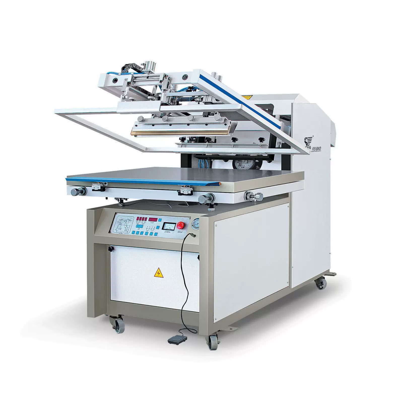 浙江飞豹不干胶PVC酒盒亚克力包装花纸标签经济型斜臂丝网印刷机