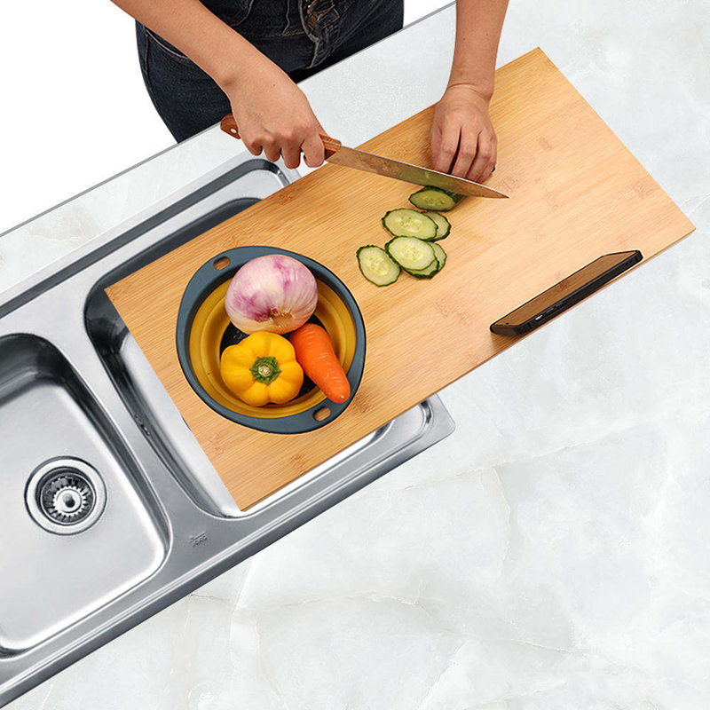 Tabla de cortar de bambú con filtro de agua, soporte para teléfono, cesta de drenaje, tabla de cortar de bambú para el hogar, tabla de cortar de gran capacidad con escurridor