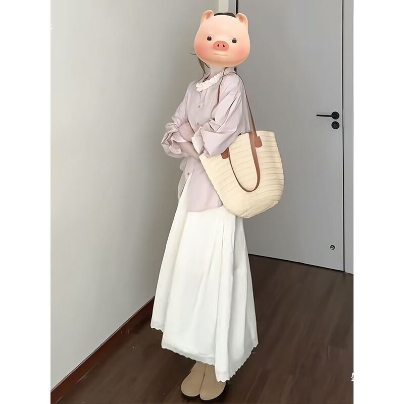 温柔风木耳边喇叭袖宽松衬衫上衣女早春高腰蕾丝边半身长裙两件套|undefined