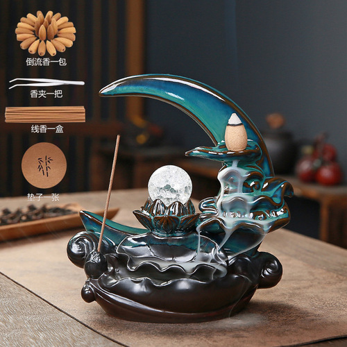 Cross-border Amazon Blue Lotus Pond Moonlight Backflow Incense Burner Home Indoor Aromatherapy Burner Creative Decorative Ceramic Incense Burner
