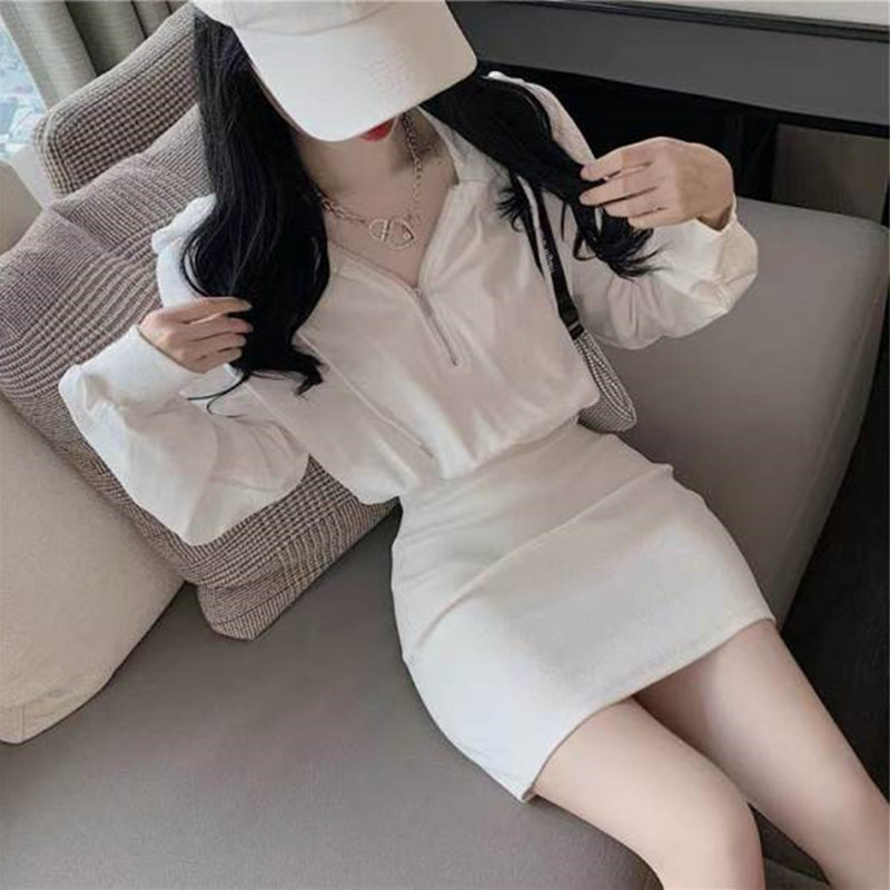 Pure Desire Hot Girl Short Hooded Sweat Dress Spring and Summer Long Sleeve Waist Wrap Hip Skirt Small Black dress