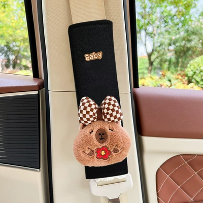 Car Interior Decoration Girl Bag — Seat belt shoulder pad - capybara-capibala-flower-bow-black-ice-silk-shoulder-pads-1-pack