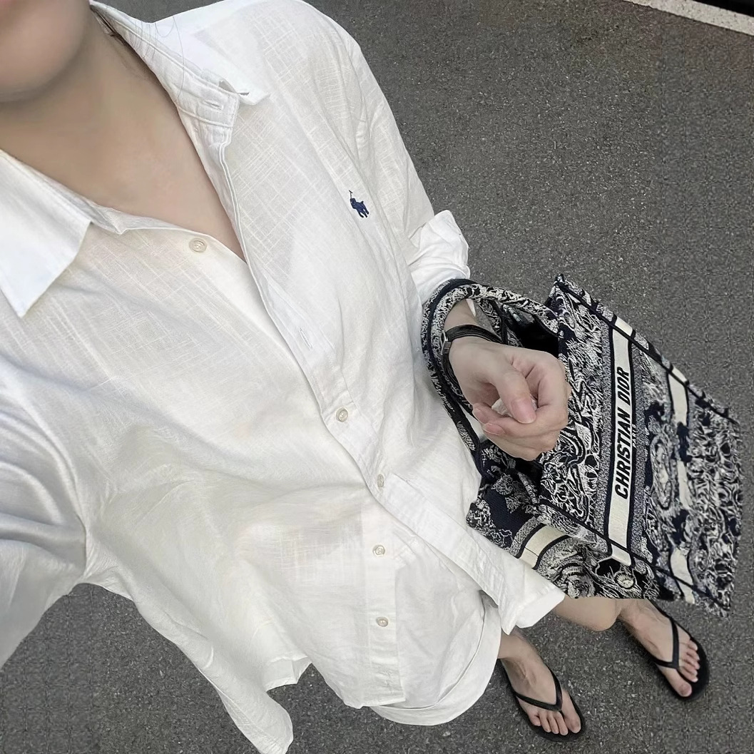 高品质老钱风RL拉夫新款小马刺绣女款亚麻衬衫休闲情侣防晒上衣