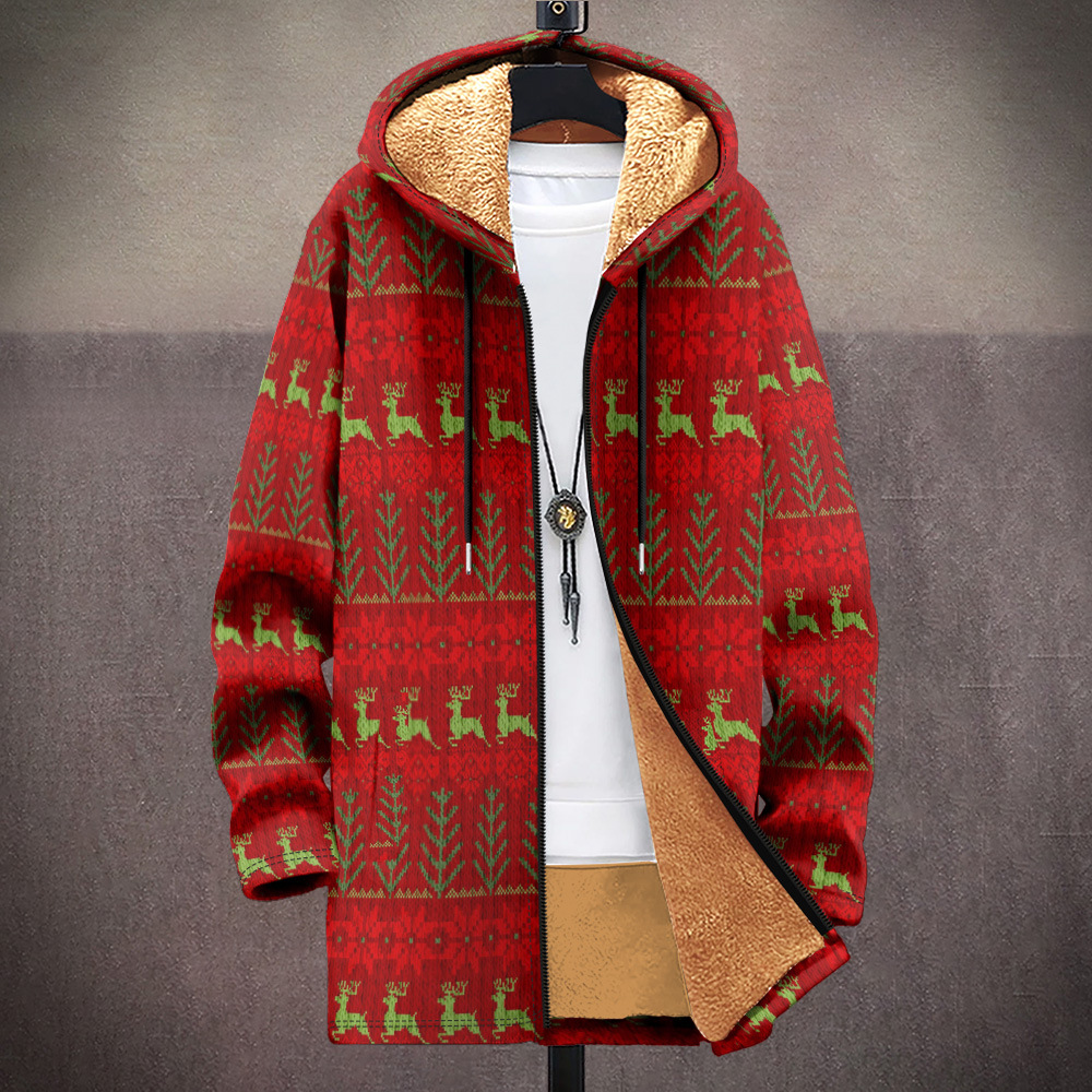 Men's autumn and winter multi pattern Christmas cotton jacket DIY with velvet 3D printing hooded cardigan zipper pocket_voghion.com