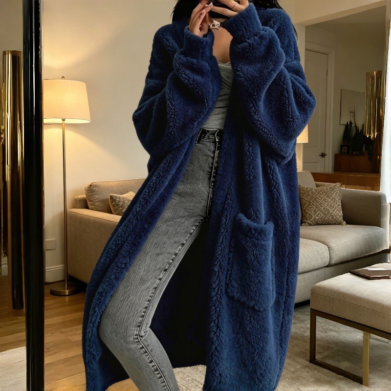 Cross-Border Flannel Gray Knitted Cardigan Coat for Women, Autumn and Winter Loose Plush Fluffy Long Cardigan