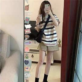 美式正肩条纹t恤短袖女宽松小众别致独特设计感上衣2024新款夏季