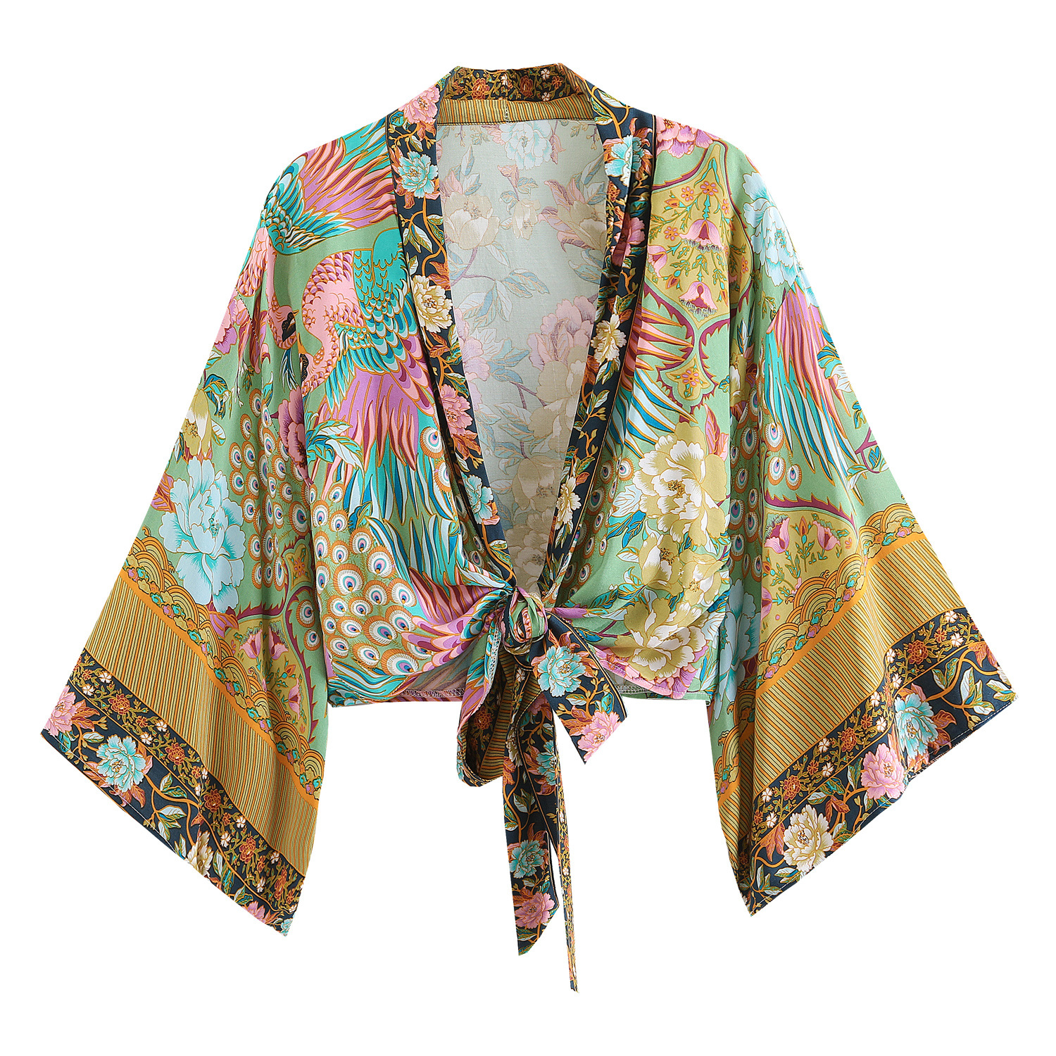 Abbigliamento donna Top da donna con scollo a V e maniche a pipistrello, stampa alla moda, stile bohémien, coprispalle per occasioni formali e casual._voghion.com