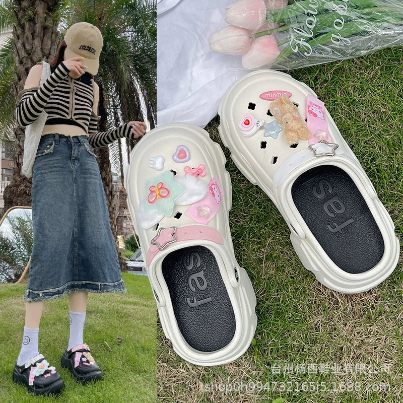 Симпатичный мультяшный ремень маленький кролик пещерные туфли женский 2024 новый летний толстое дно увеличено