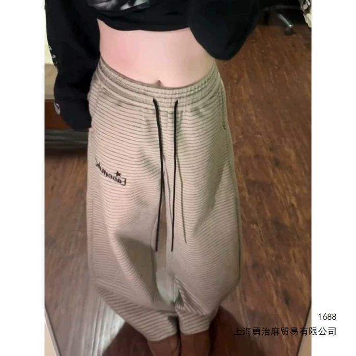 美式复古辣妹条纹休闲弯刀卫裤秋冬宽松直筒阔腿运动裤阔腿裤男女