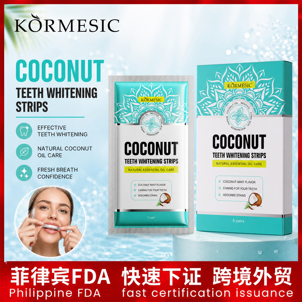 Cross-border KORMESIC coconut oil tooth whitening strips, in-stock wholesale