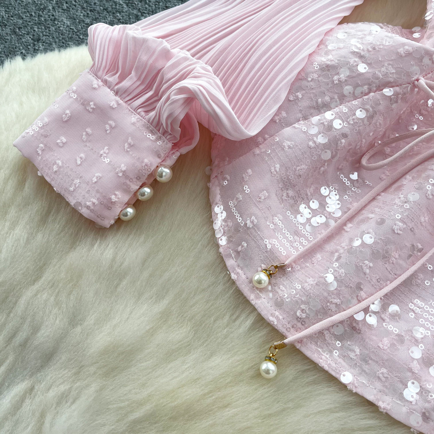 Women's French Style Sequined Mesh Pleated Two Piece Set With Fitted Waist Elegant Sophisticated Look For Spring Autumn_ecoleips.com