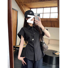 韩版ins纯棉短袖衬衫女夏季2025新款绑带收腰衬衣小众设计感上衣