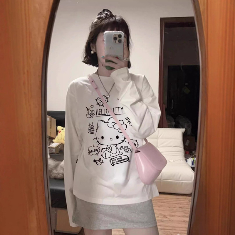Spring and Autumn New Cartoon Cute Hello Kitty Print Design Age-Reducing Versatile Casual Outerwear Long-Sleeved Tops for Women