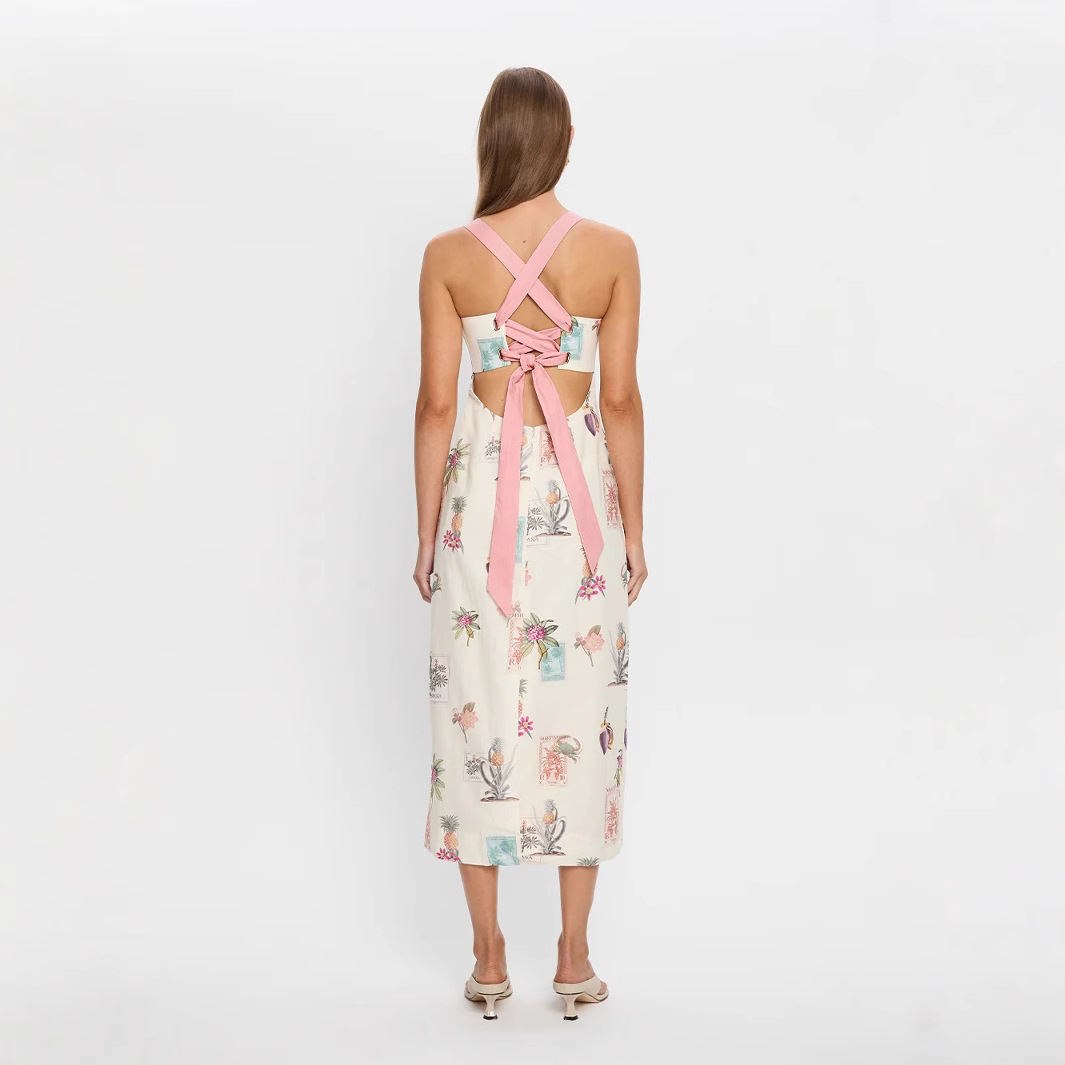Printing Pattern Wholesale Women's Elegant Streetwear Printing Beach Off Shoulder Strap Sleeveless Strap Dress Backless Lace Up Dress