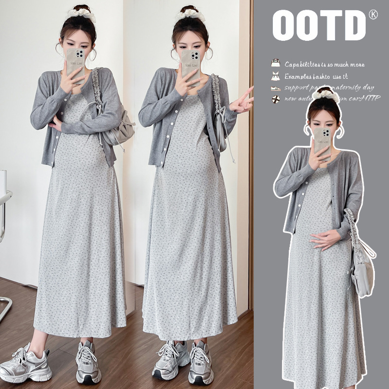 Maternity's Spring New Sling Pregnant Women's dress Loose Cardigan Korean-style Slimming Casual Pregnant Women's Two-piece Set