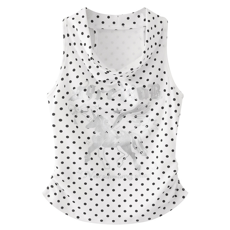 White Polka Dot Navy Collar Sleeveless Vest for Women, Summer Slim-Fit Waist-Cinching V-Neck Design, Stylish Waist-Accentuating Top