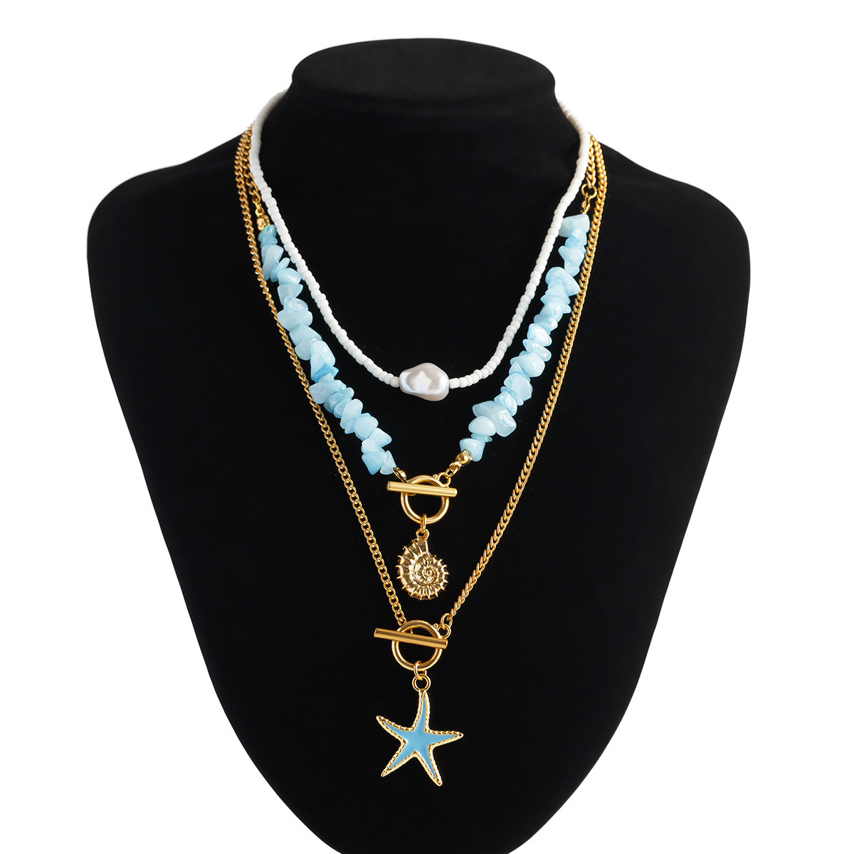 Plating Design Vacation Star Alloy Turquoise Iron Cuban Link Chain Curb Chain Layered Necklaces Wholesale