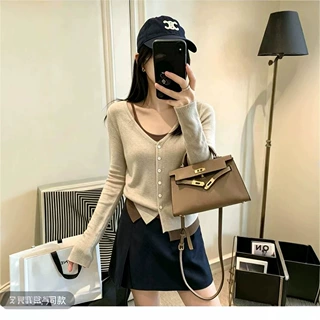 春秋新款假两件V领针织开衫女修身显瘦撞色内搭长袖毛衣外套百搭