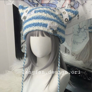 1Gangster Inn Subculture Original Punk Cat Ear Hat Woolen Hat Hat Mine Series Aqua Cute