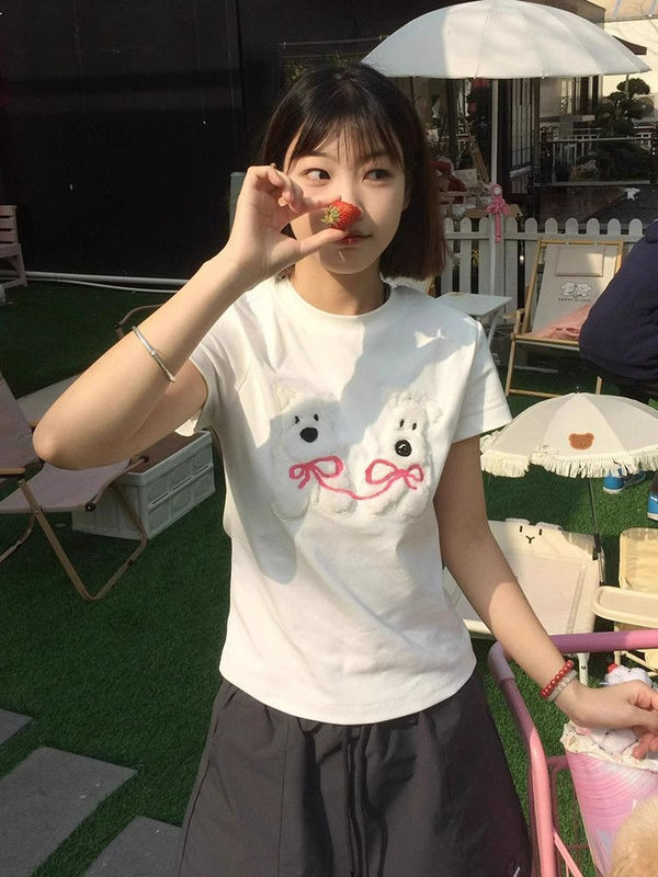 [210g 40 Count Pure Cotton] Towel Embroidered Puppy Short-Sleeved T-Shirt Women's Slim Right Shoulder Short Top White