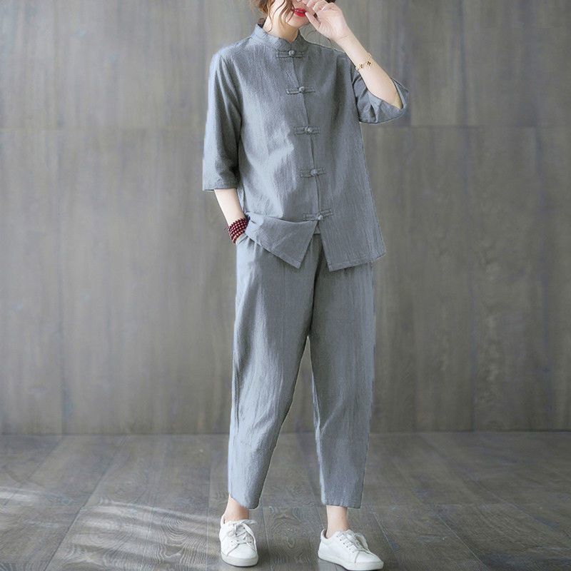 Unmun2024 New Chinoiserie Layman's Clothing Young Summer Zen Women's Clothing Cotton and Linen Tai Chi Practice Clothing Tang Suit Suit