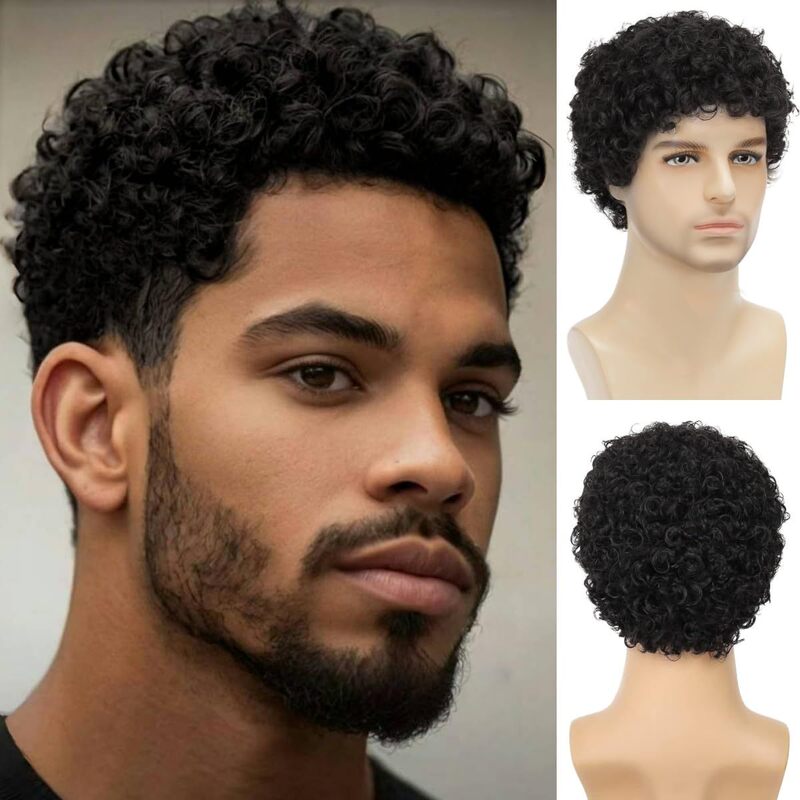 European and American Men's Wig Headgear African Small Curly Fluffy Short Hair Realistic Black Short Curly Hair Men's Hair Rose Net Wig