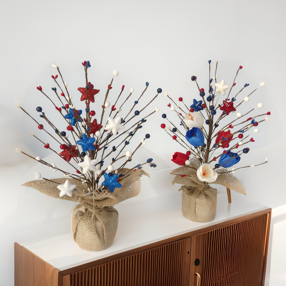 Adornos del Día de la Independencia de EE. UU. Ramas rojas, blancas y azules Adornos de la fiesta del Día Nacional de EE. UU. Pulpa de cinco estrellas