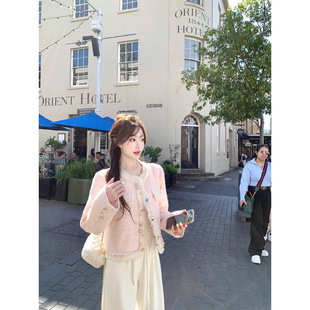 Sweet Daquin Spring and Autumn New Light Pink Chanel Style Coat Short Long Sleeve Top Rich Daquin Super Nice
