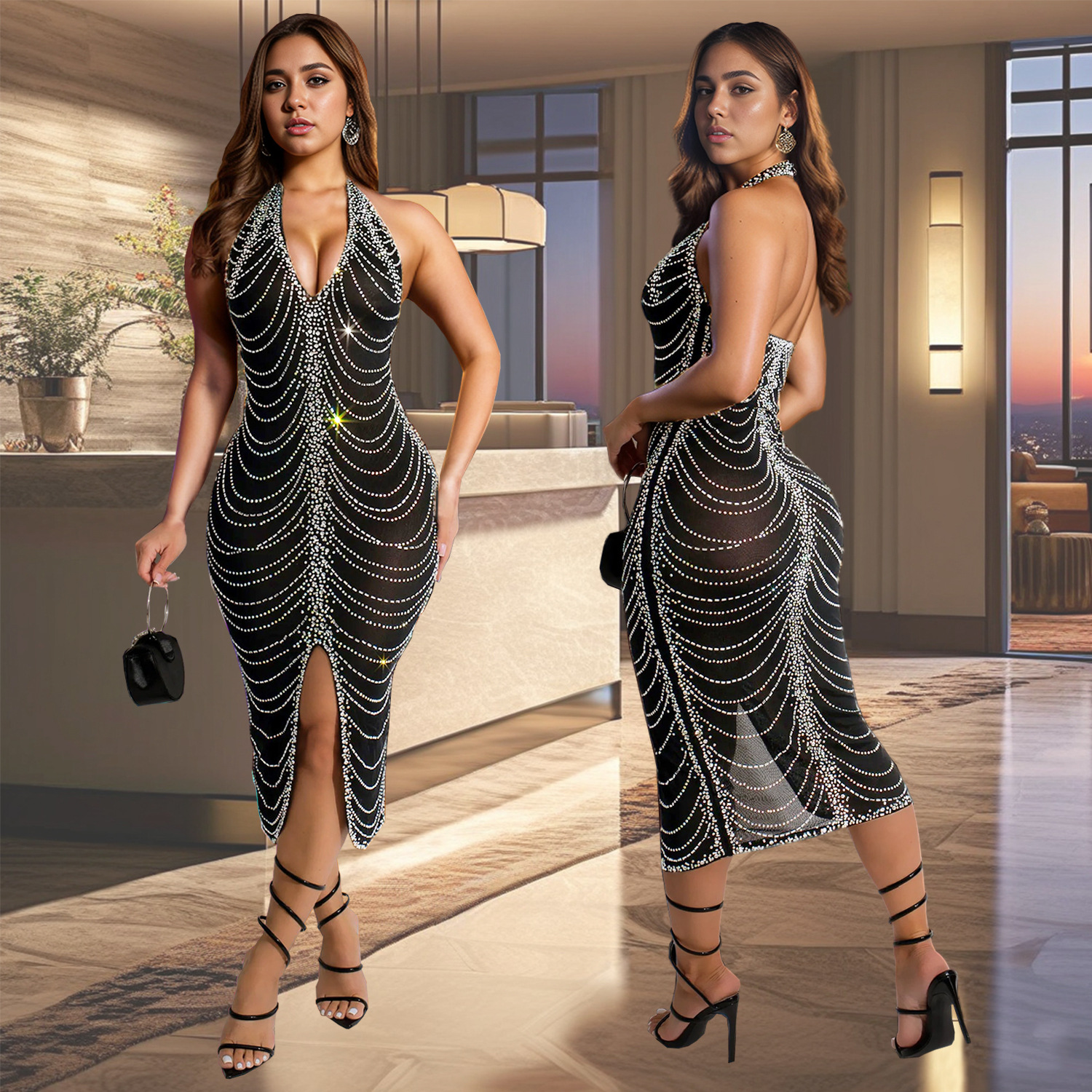 C7095 Aliexpress transfronterizo amazon ropa de moda europea y americana de mujer caliente delgada sexy bolsa de cadera vestido largo