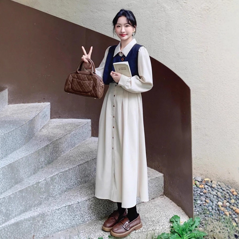 新款韩系连衣裙套装学院风减龄米杏色衬衫裙牛仔马甲两件套|undefined