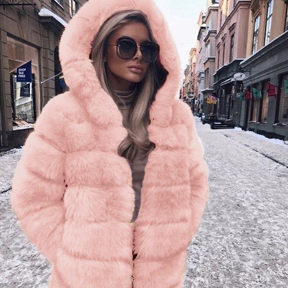 Women's Clothing Autumn and winter new women's mid length swing hood fur jacket top women's plush warm jacket_voghion.com