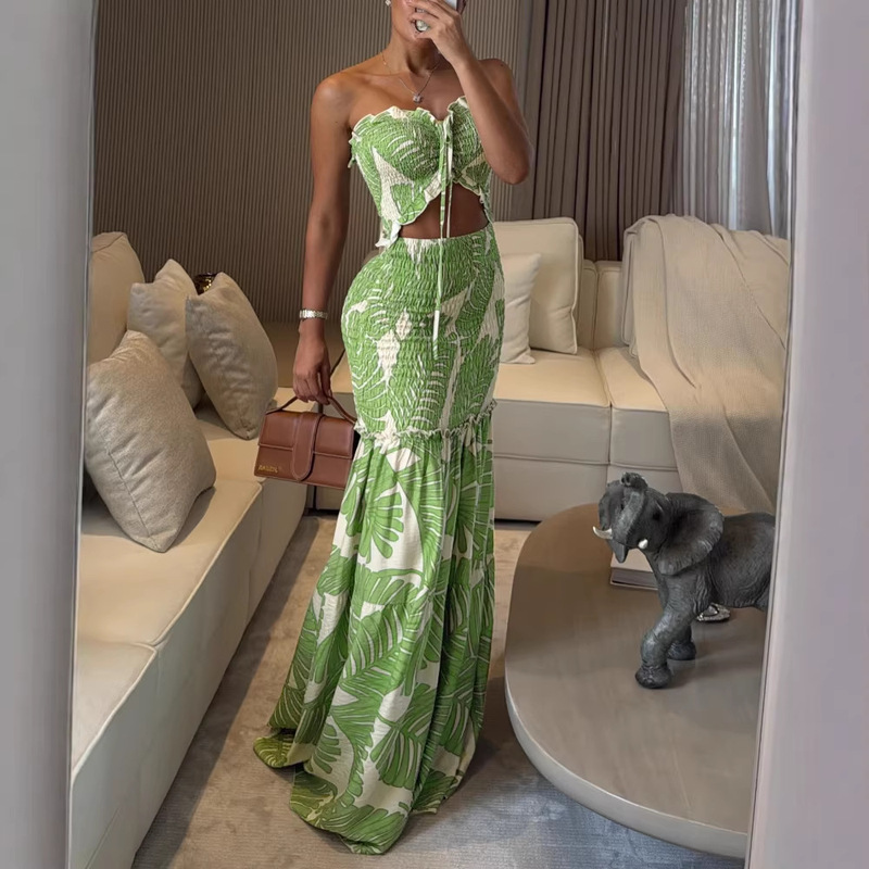 European and American Tropical Plant Print Ruched Design Strapless Drawstring Ruffle Long Dress Set Wholesale in Stock