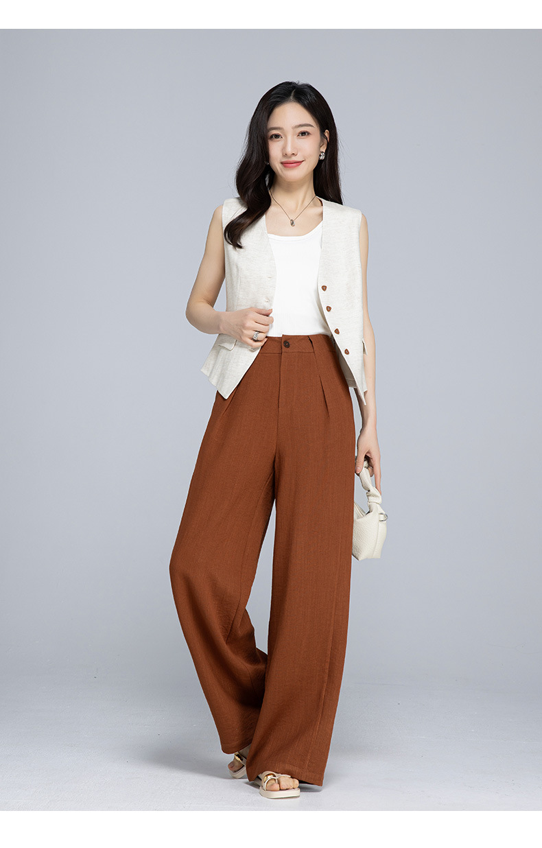 Quần ống rộng cạp cao vải lanh phối tơ mỏng nhẹ mùa hè dáng suông dài chạm đất — Màu xanh lam đậm chi tiết 22
