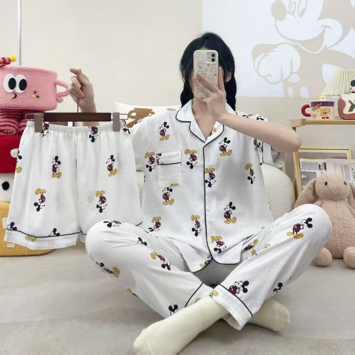 Venta al por mayor transfronteriza 120g pijamas de algodón de nube de verano de manga corta para mujer pantalones cortos de algodón de nube de verano de tres piezas servicio a domicilio de dibujos animados