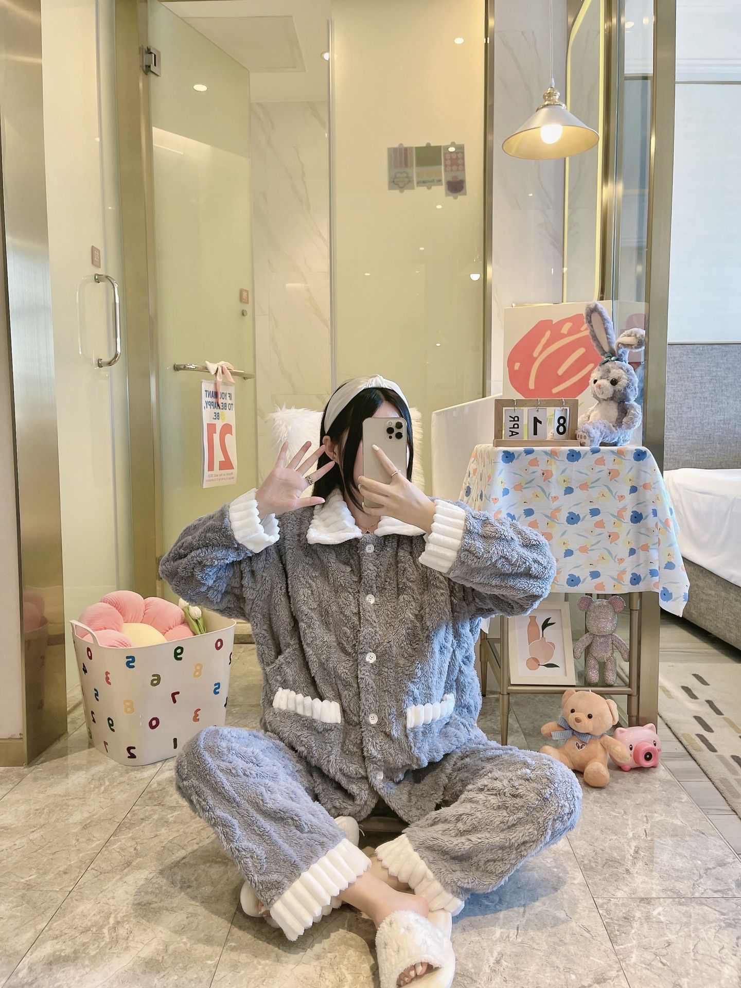 스퀘어 칼라-슈 코튼 벨벳-트위스트 패턴-그레이