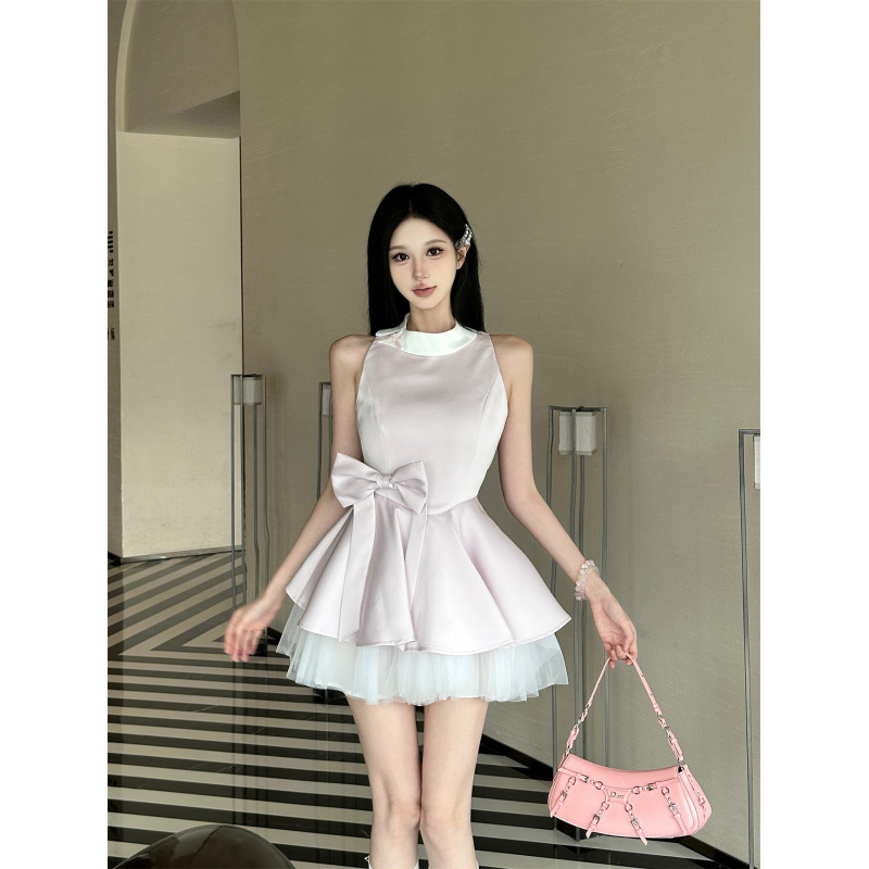 Real Shot of Ready-Made Tutu Skirt Mesh Splicing French Hepburn Waist Dress