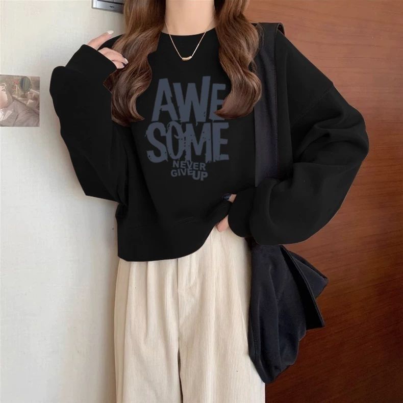 宽松卫衣圆领套头短款卫衣女春秋长袖上衣高腰显瘦小个子无帽薄款|undefined