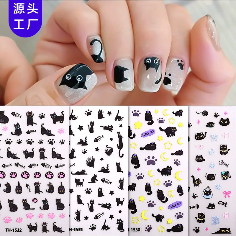 Zhengxiang новый год черной кошки змеи маникюр наклейки DIY ногти темно-черный рисунок животных INS сетка красный маникюр наклейки