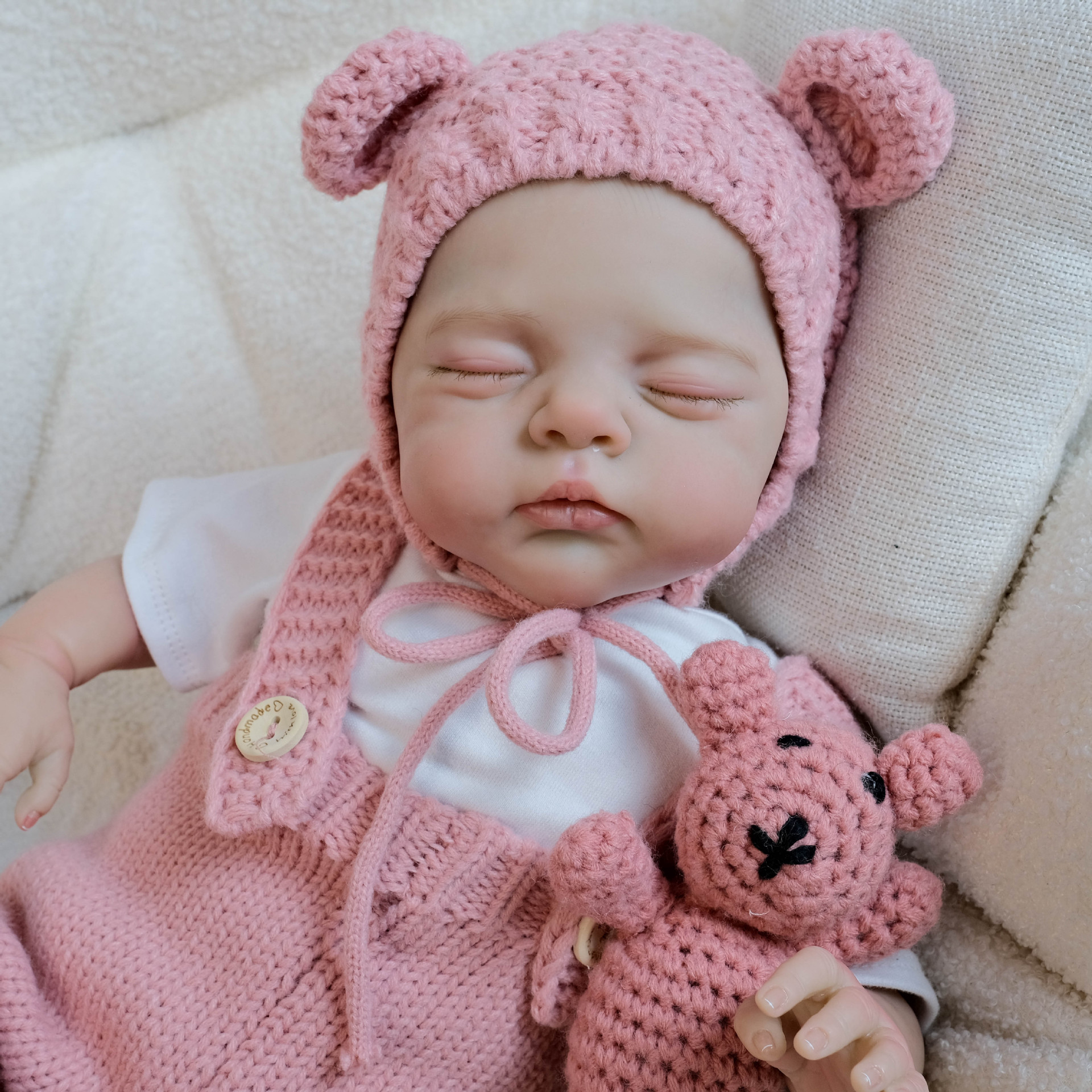 Mono de lana rosa de 18 pulgadas con ojos cerrados, juguete de simulación Irys, muñeca de renacimiento, regalo de Navidad para niños