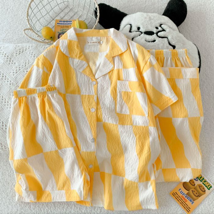 Verano nuevo estilo pijama mujer nube algodón 120g solapa cárdigan pantalones cortos de manga corta pantalones de tres piezas lindo servicio a domicilio