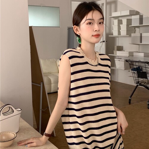 French Leisure Style Knitted V-neck Dress for Women, Summer Loose and Slimming Elegant Long Striped Skirt
