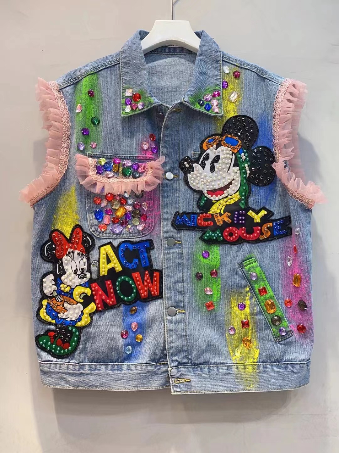 Tailandia marca de moda industria pesada con clavos de diamante de dibujos animados chaqueta de vaqueros de estilo extranjero mujer sensación de diseño de reducción de edad chaleco de nicho image 7