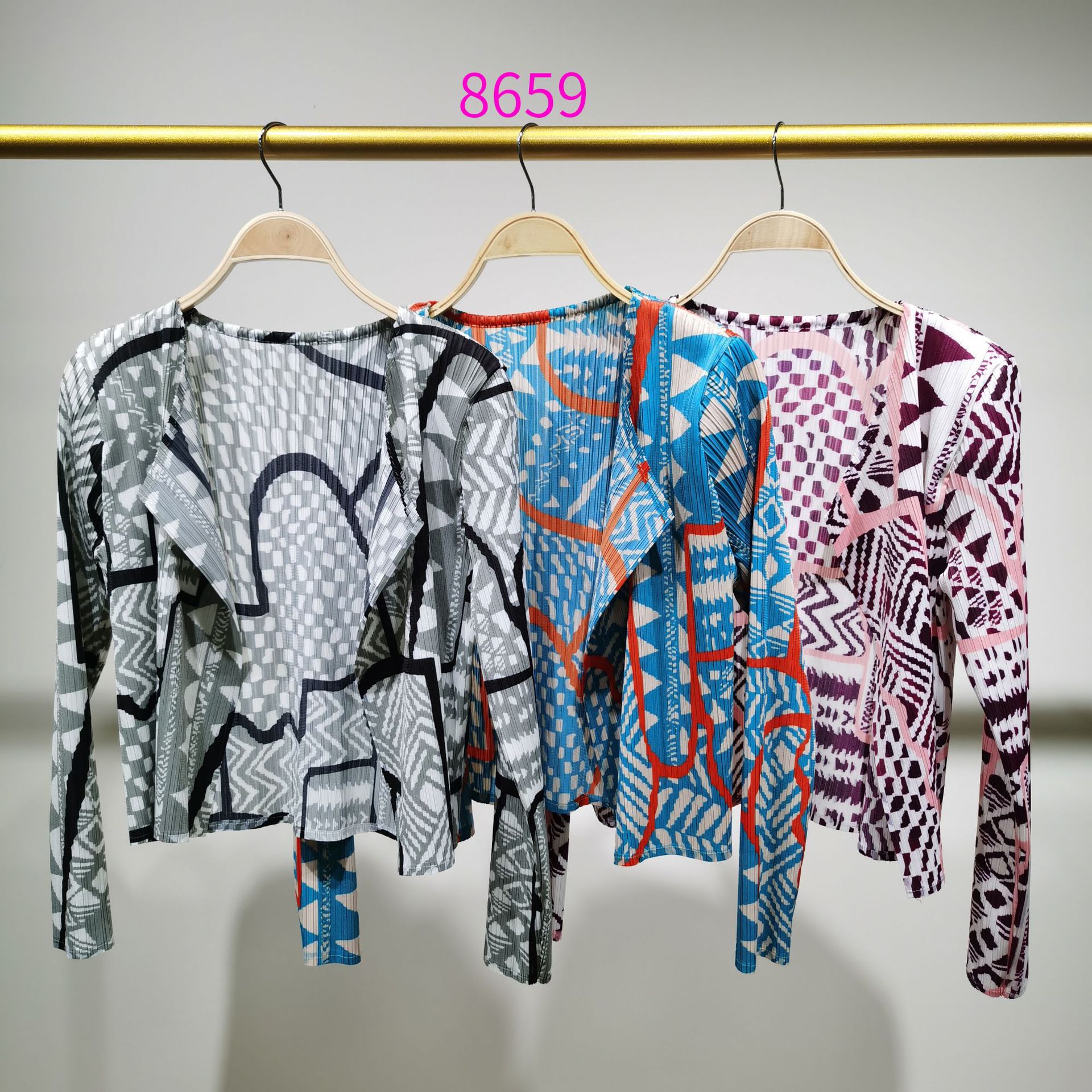 Contador de calidad otoño primavera Nueva gama alta plisado moda de la calle europea impreso cardigan versátil casual abrigo corto